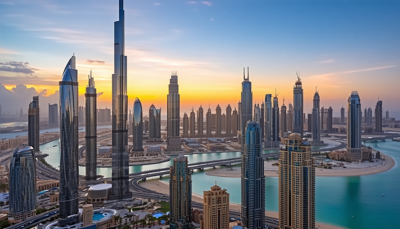 Dubai city skyline view with Burj Khalifa at sunset