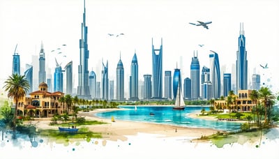 Travel newsletter illustration with Dubai skyline and iconic landmarks Travel newsletter illustration with Dubai skyline and iconic landmarks